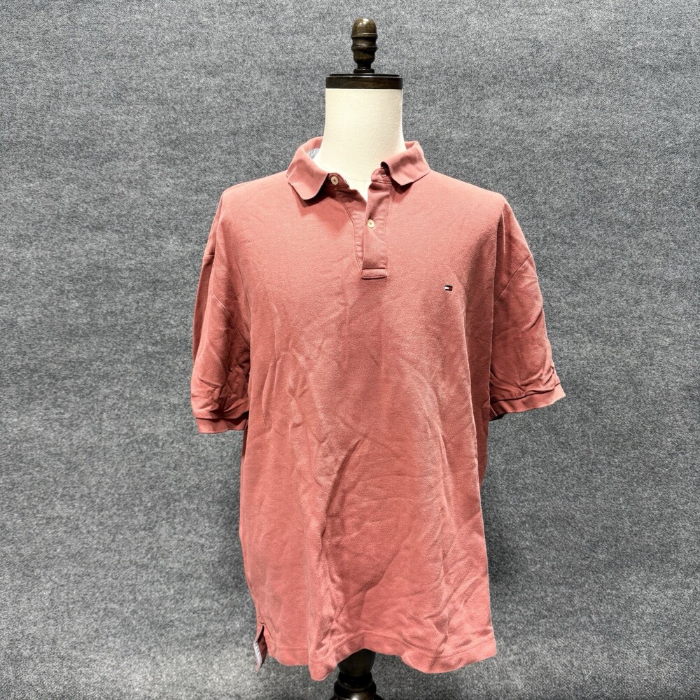 Tommy Hilfiger Polo Shirt Mens XXL Pink Solid Short Sleeve Collared Button Logo